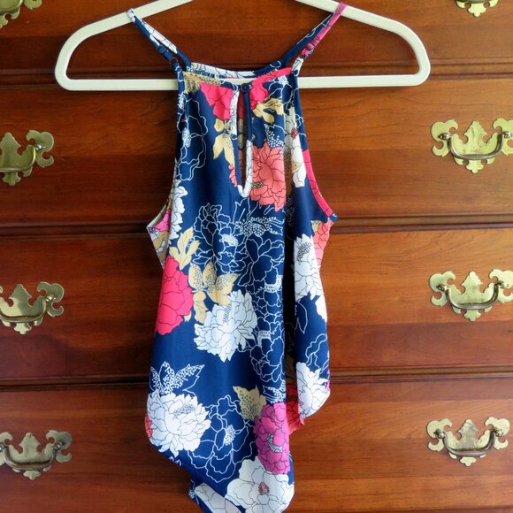 BOG Collective XS Sleeveless Handkerchief High Neck Navy Floral Print Blouse - Picture 2 of 12